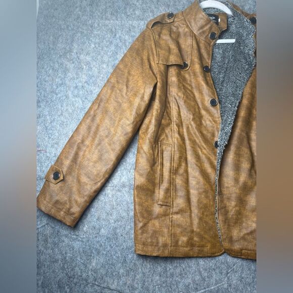 KP Fashion Man Leather Jacket Men XL Brown Sherpa Lined Long Sleeve Button Front - Picture 2 of 10